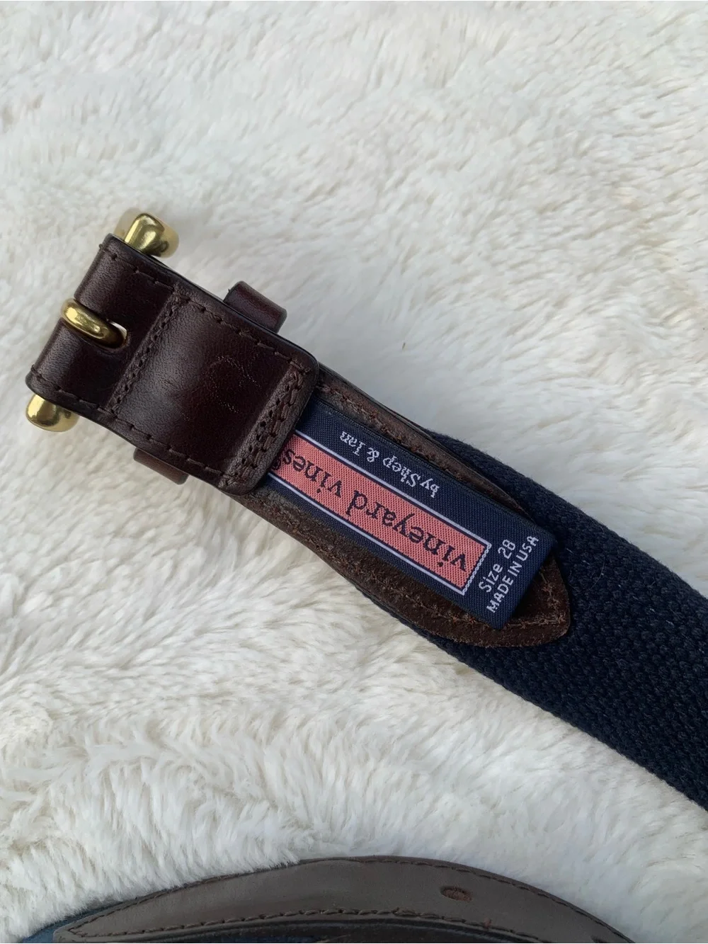 Vineyard Vines Navy Blue Embroidered Canvas Belt with Brown Leather Trim